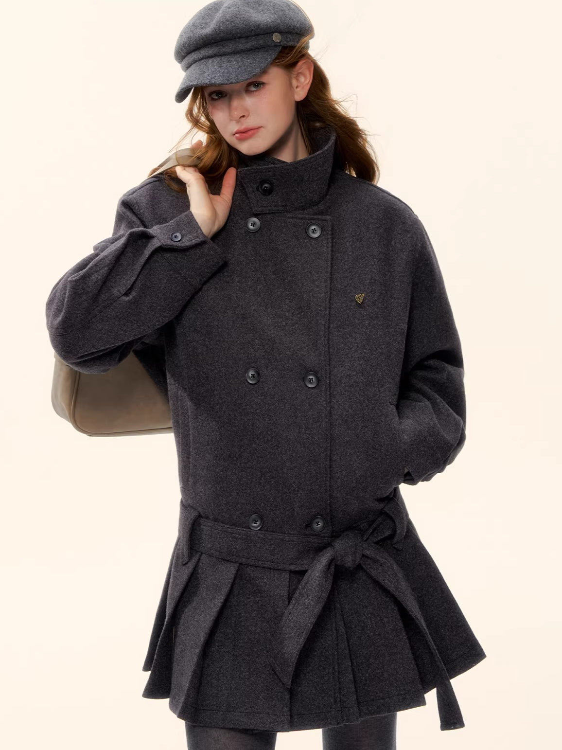 Pleated-Edge Down Wool-Blend Coat