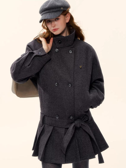 Pleated-Edge Down Wool-Blend Coat