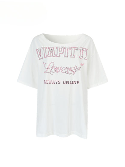 Off-shoulder Letter Hollow-out Spliced T-shirt - CHINASQUAD