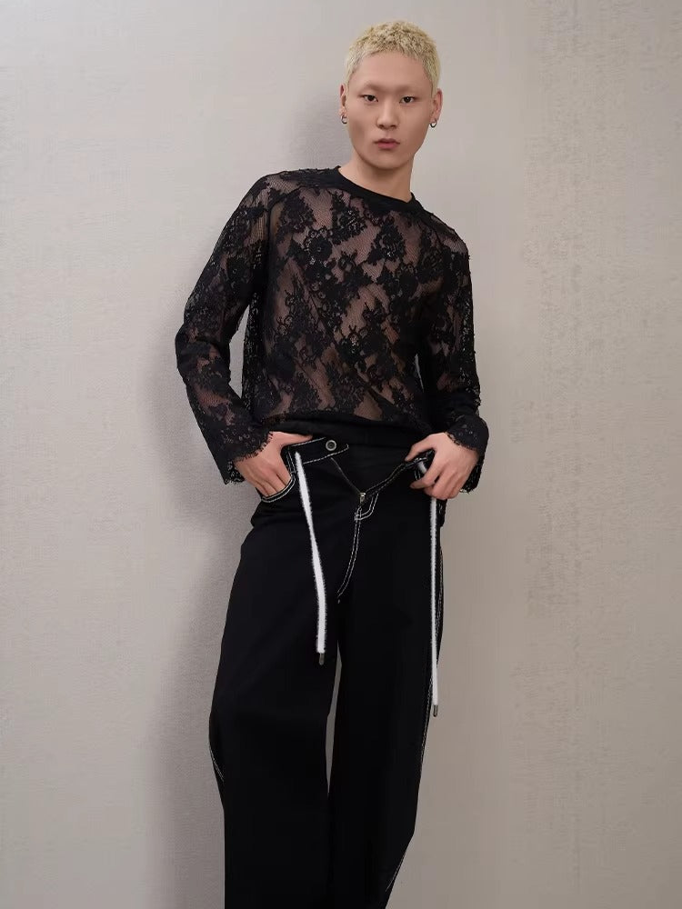 Layered Ribbed Lace-Trim Crewneck T-Shirt