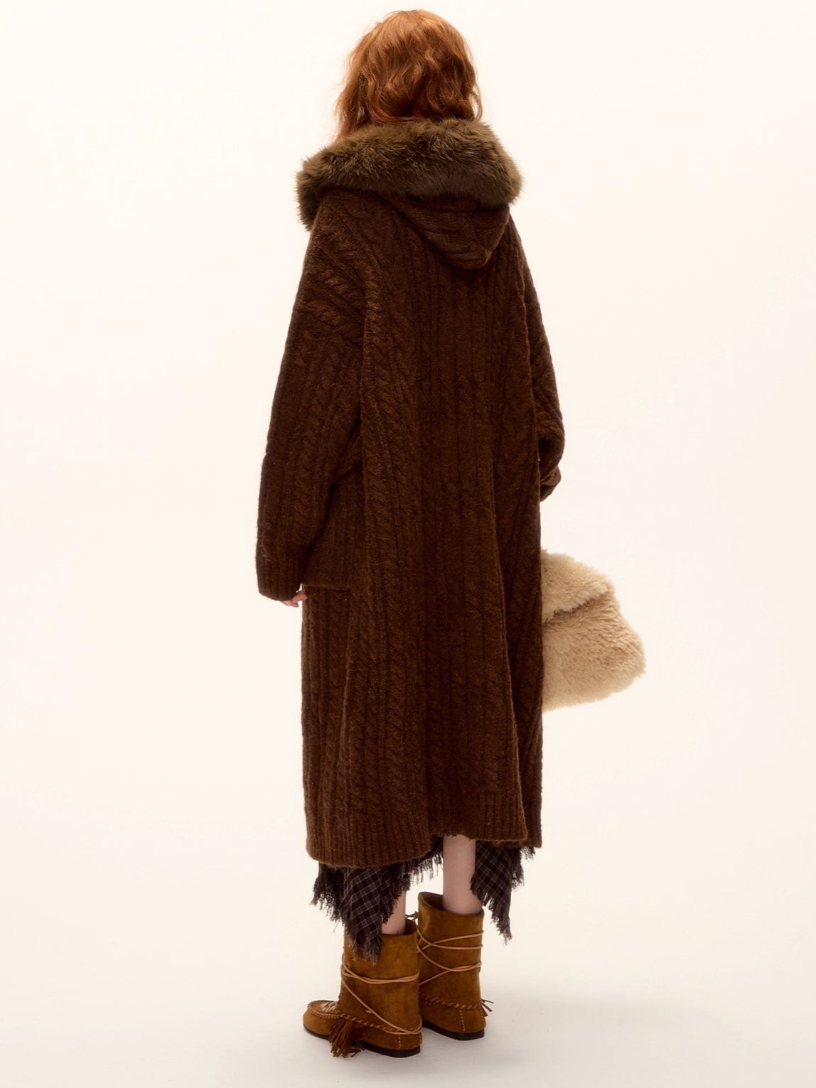Detachable Fur Collar Cable-Knit Duffle Coat