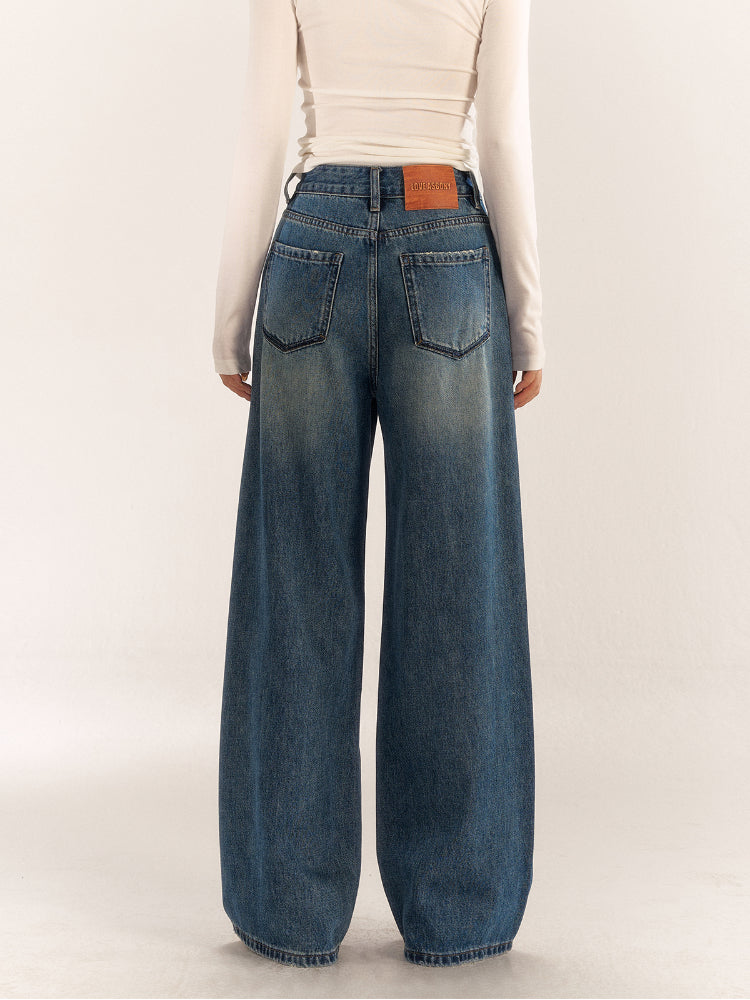 Washed High-Waist Slim Wide-Leg Jeans