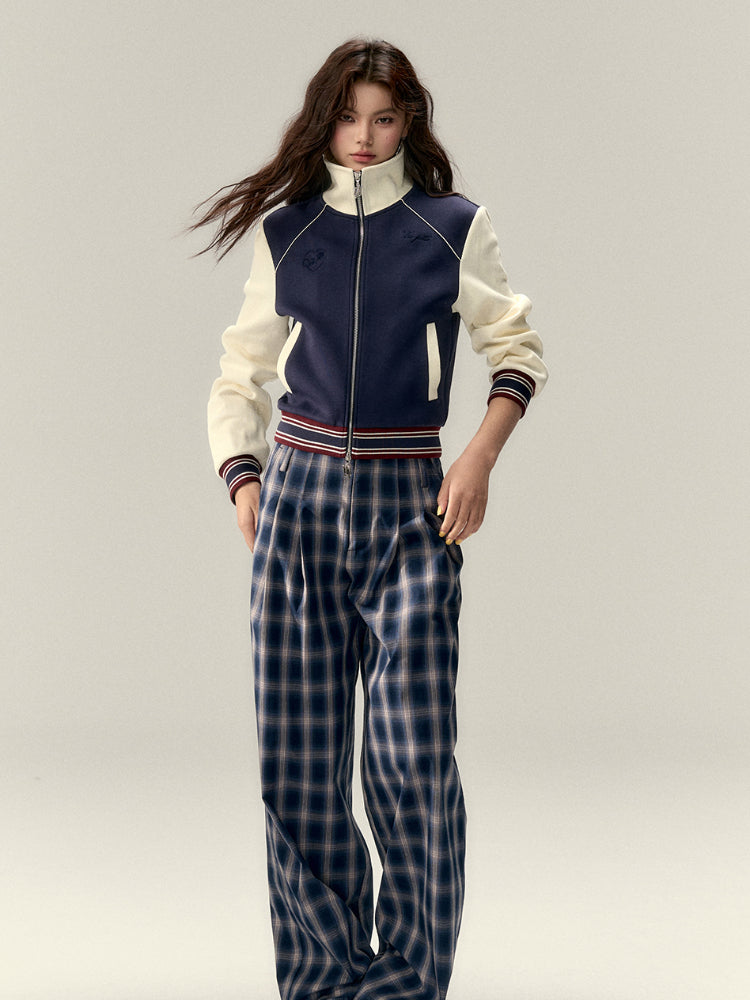 Wrinkle Straight-Leg Plaid Casual Pants