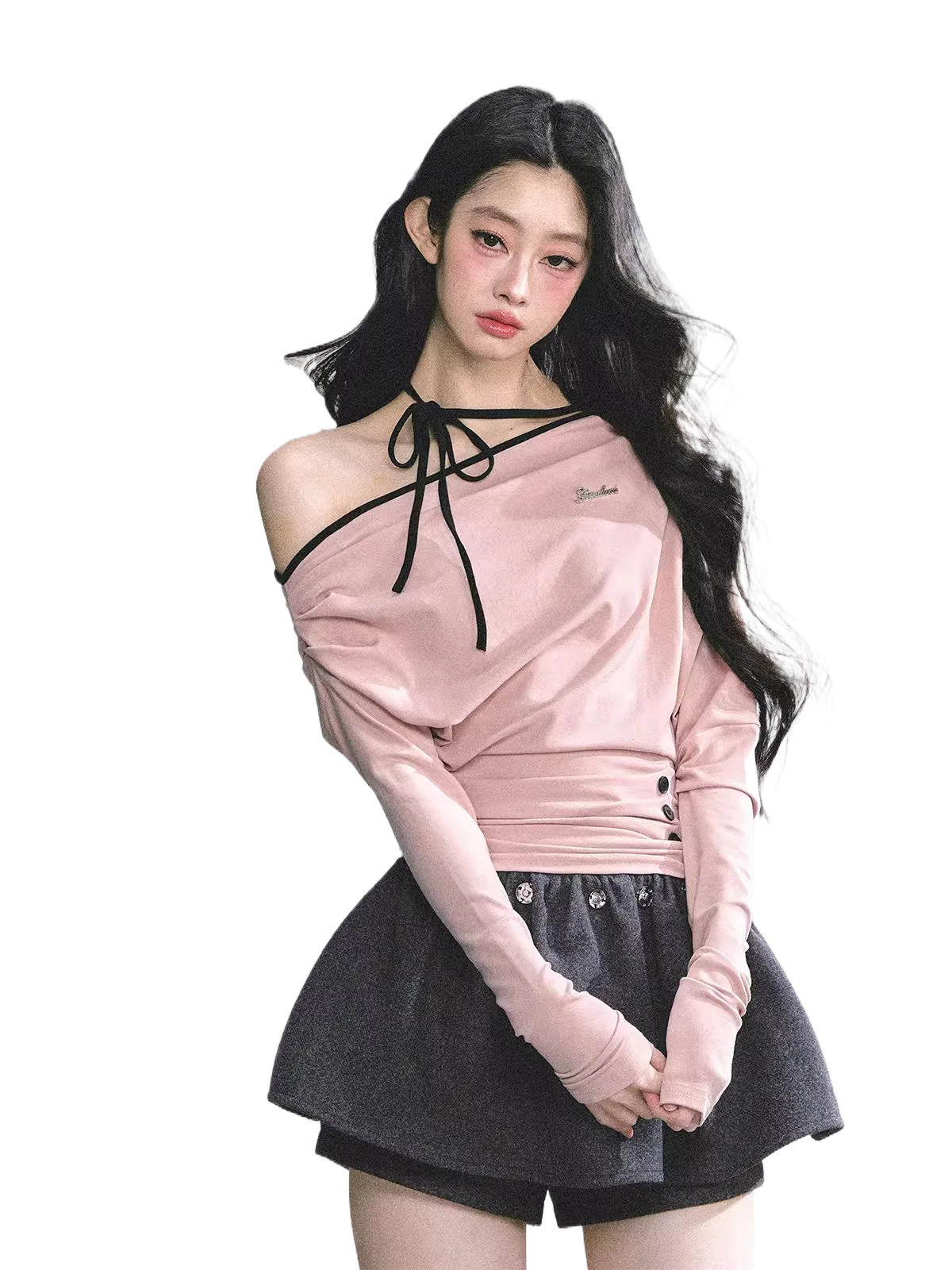 Off-Shoulder Halter Long-Sleeve T-Shirt