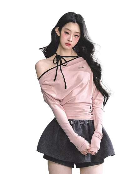 Off-Shoulder Halter Long-Sleeve T-Shirt