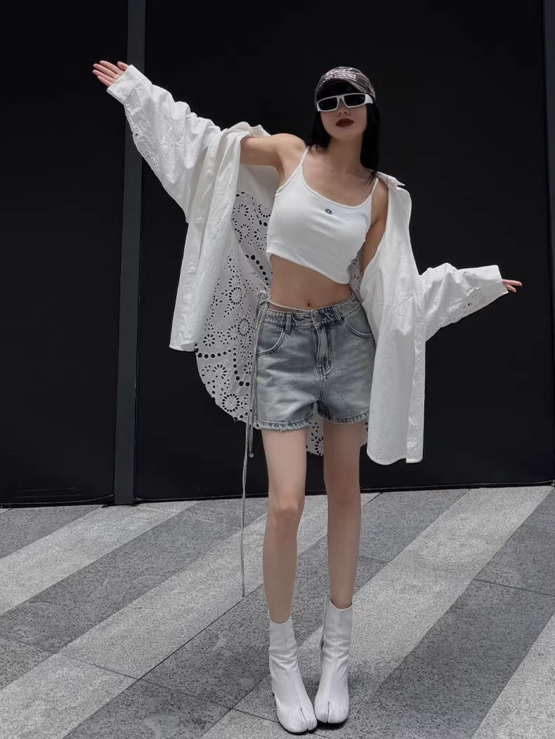 Tie-Waist Raw-Edge Vintage Denim Shorts