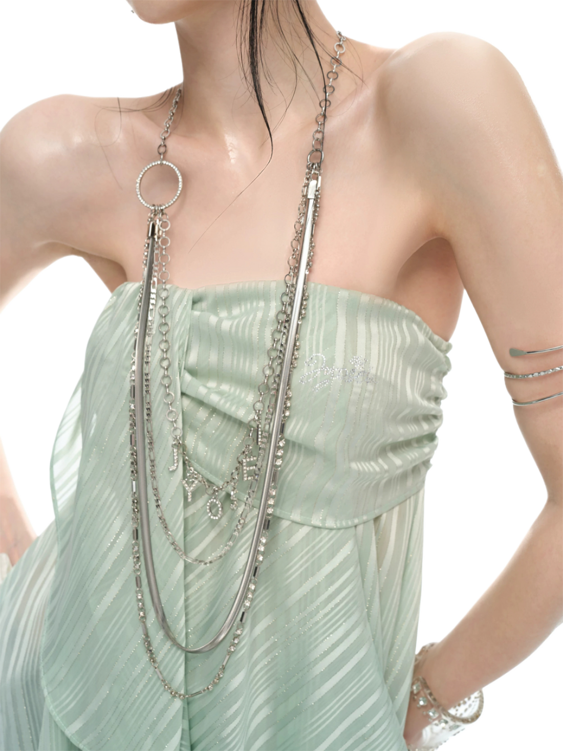 Silver Multi-Layer Crystal Ring Pendant Necklace