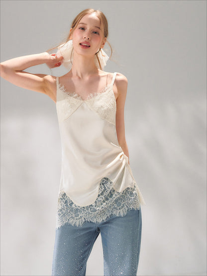 Asymmetric Lace-Trim Satin Camisole