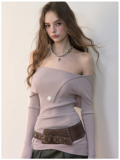 One-Shoulder Collared Knit Crewneck - CHINASQUAD