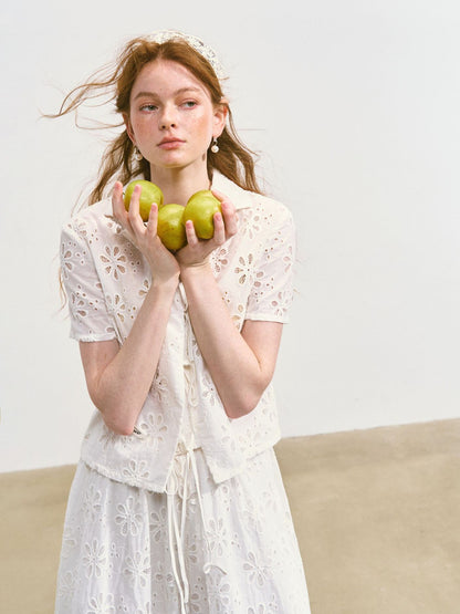 Hollow-out Flower Tie-up Short-Sleeve Top &amp; Skirt Set