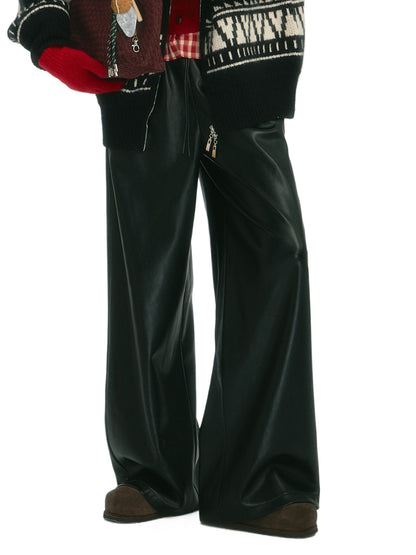 Lace-Trim Drawstring Faux Leather Pants