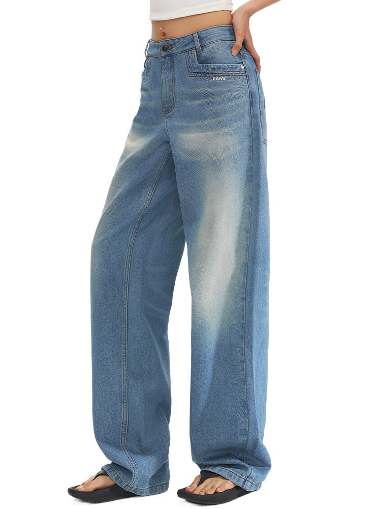 Water-Washed Low-Waist Loose Straight-Leg Pants