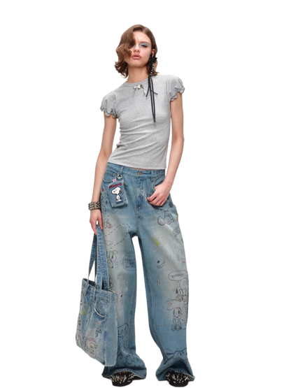 Snoopy Graffiti Crystal-Embellished Washed Denim Jeans