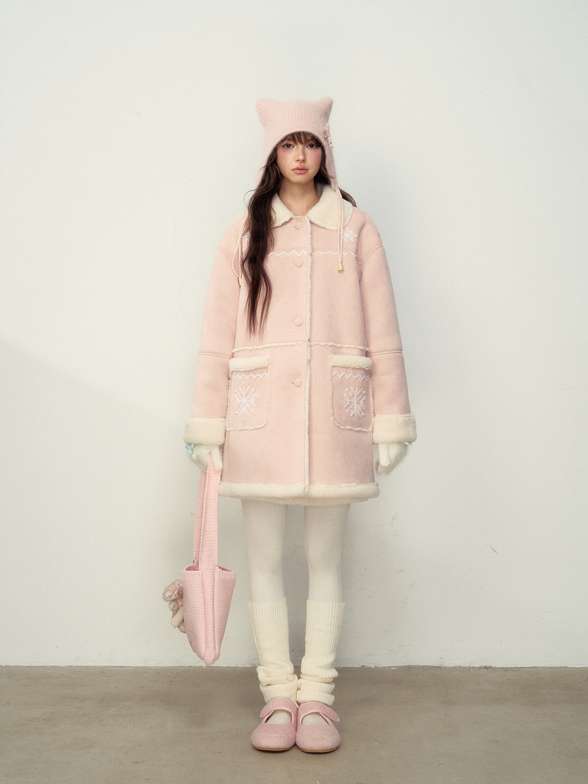 Pink Snowflake Embroidered Faux Shearling Coat