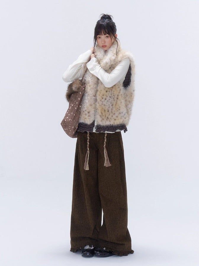 Faux Fur Leopard-Panel Lace-Trim Vest