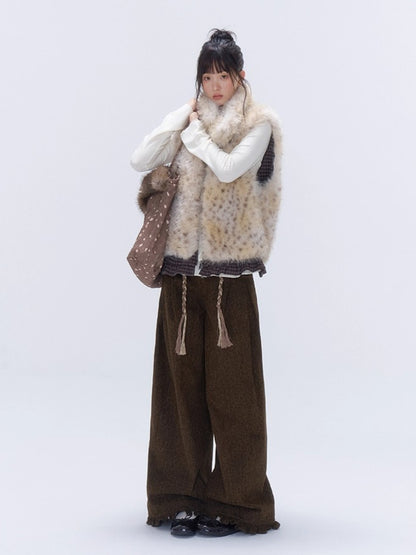 Faux Fur Leopard-Panel Lace-Trim Vest