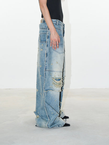 Double-Layer Distressed Washed Denim Pants