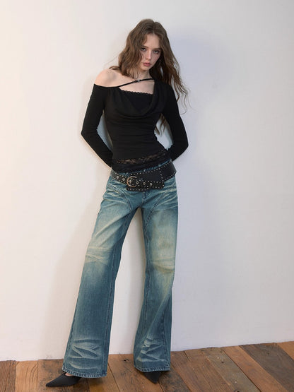 Fake Two-Piece Lace Off-Shoulder Beaded T-Shirt