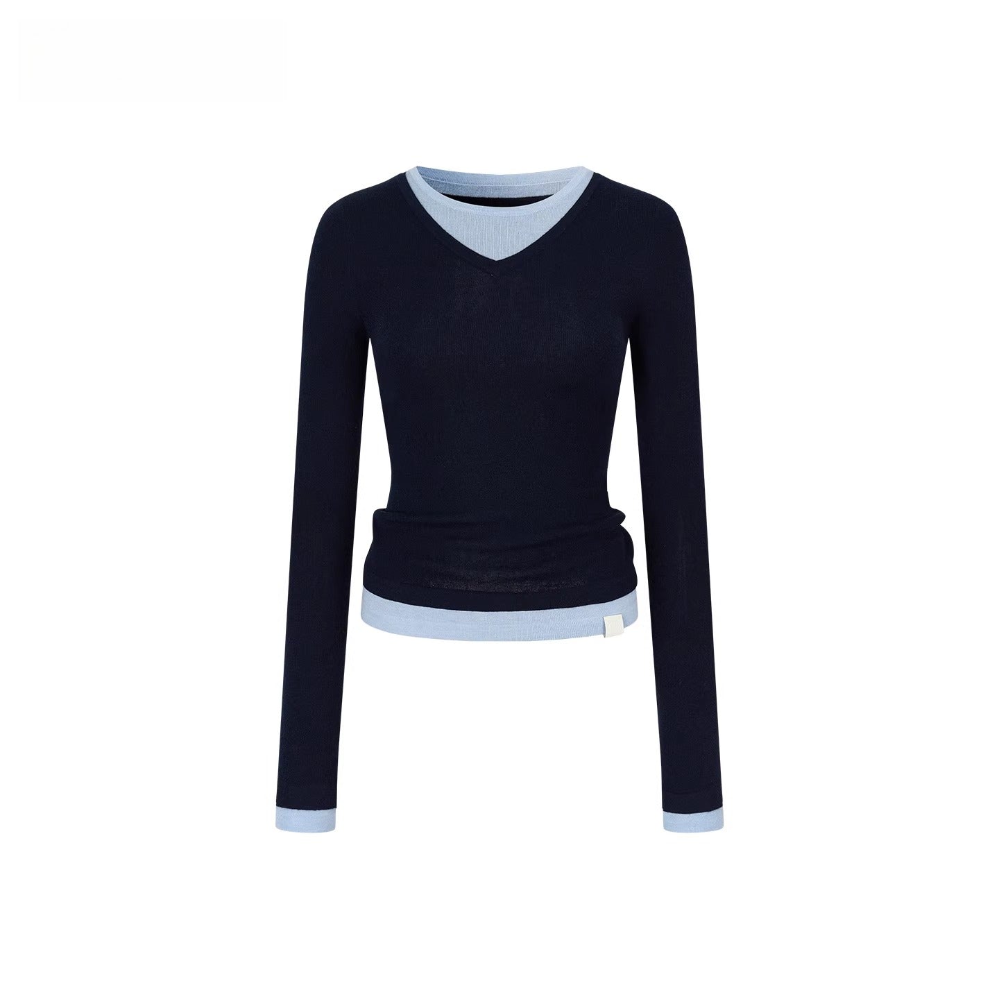 Contrast V-Neck Layered Knit Turtleneck