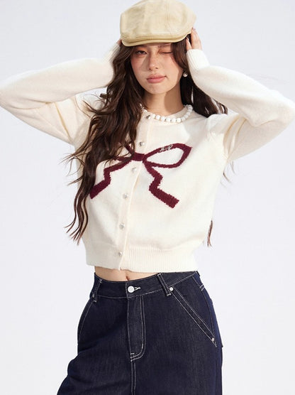 Bow Detail Cropped Knit Cardigan