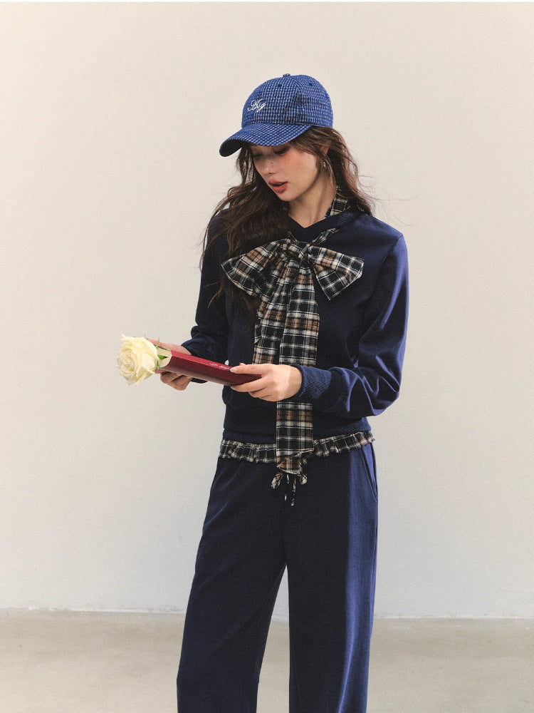 Plaid Bowknot Strappy Sweatshirt