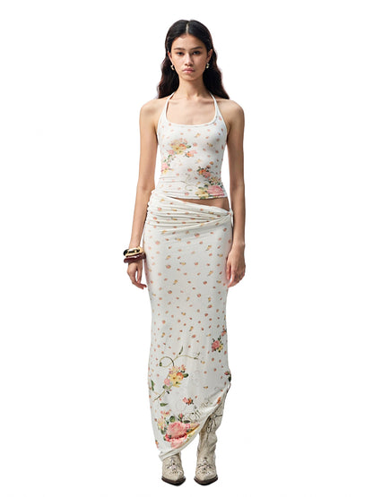 Floral All-Over Printed Big Round Neck Knotted Tank Top - CHINASQUAD