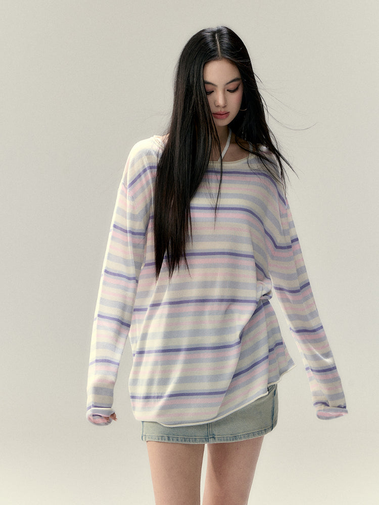 Colorful Striped Woolen Acetate T-shirt