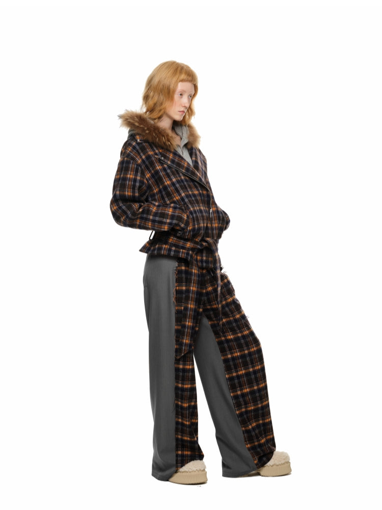 Plaid Color-Block Double-Waist Wide-Leg Pants