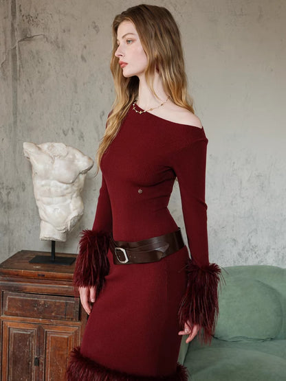 Vintage Off-Shoulder Knit Maxi Dress