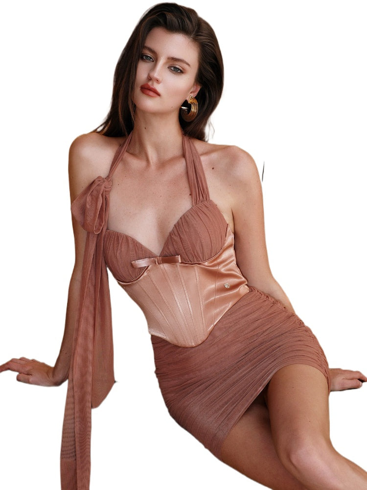 Bow Tie Ruched Fishbone Waist Cinch Skirt