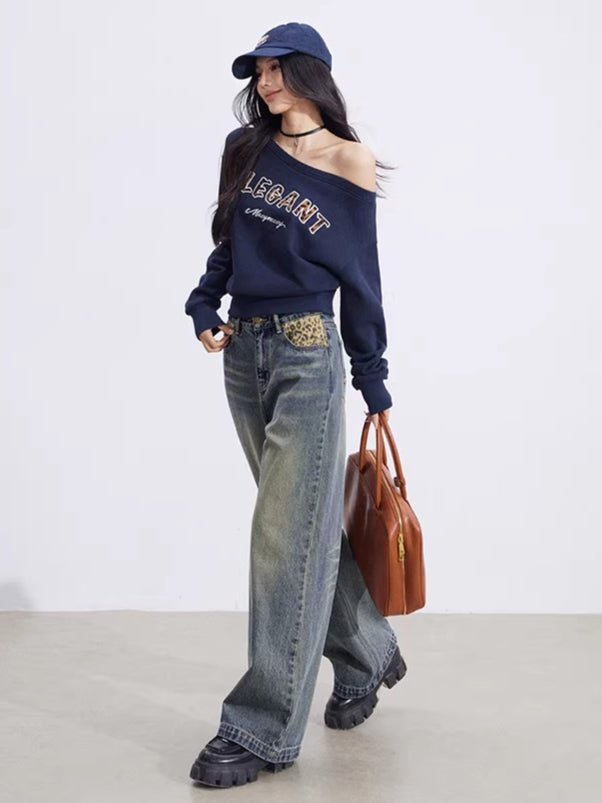 Leopard-Print Panelled Wide-Leg Denim Pants