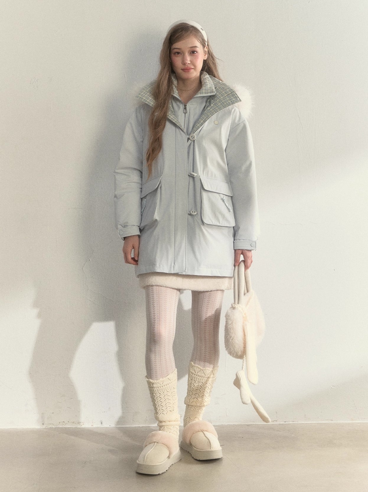 Glacier Blue &amp; Navy Plaid Panel Down Jacket