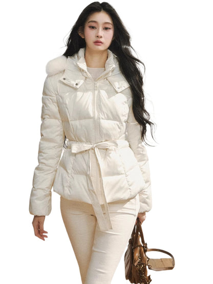 Two-Tone Belted Detachable Fur Hood Down Jacket