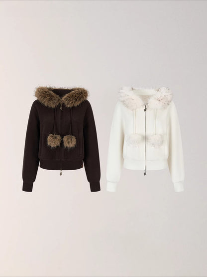 Faux Fur Collar Wool-Blend Fleece Jacket