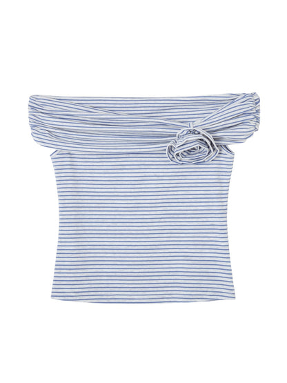 Striped Off - Shoulder Rose T - shirt - CHINASQUAD