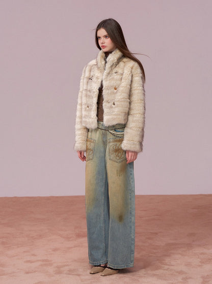 Double-Breasted Faux-Fur Short Jacket