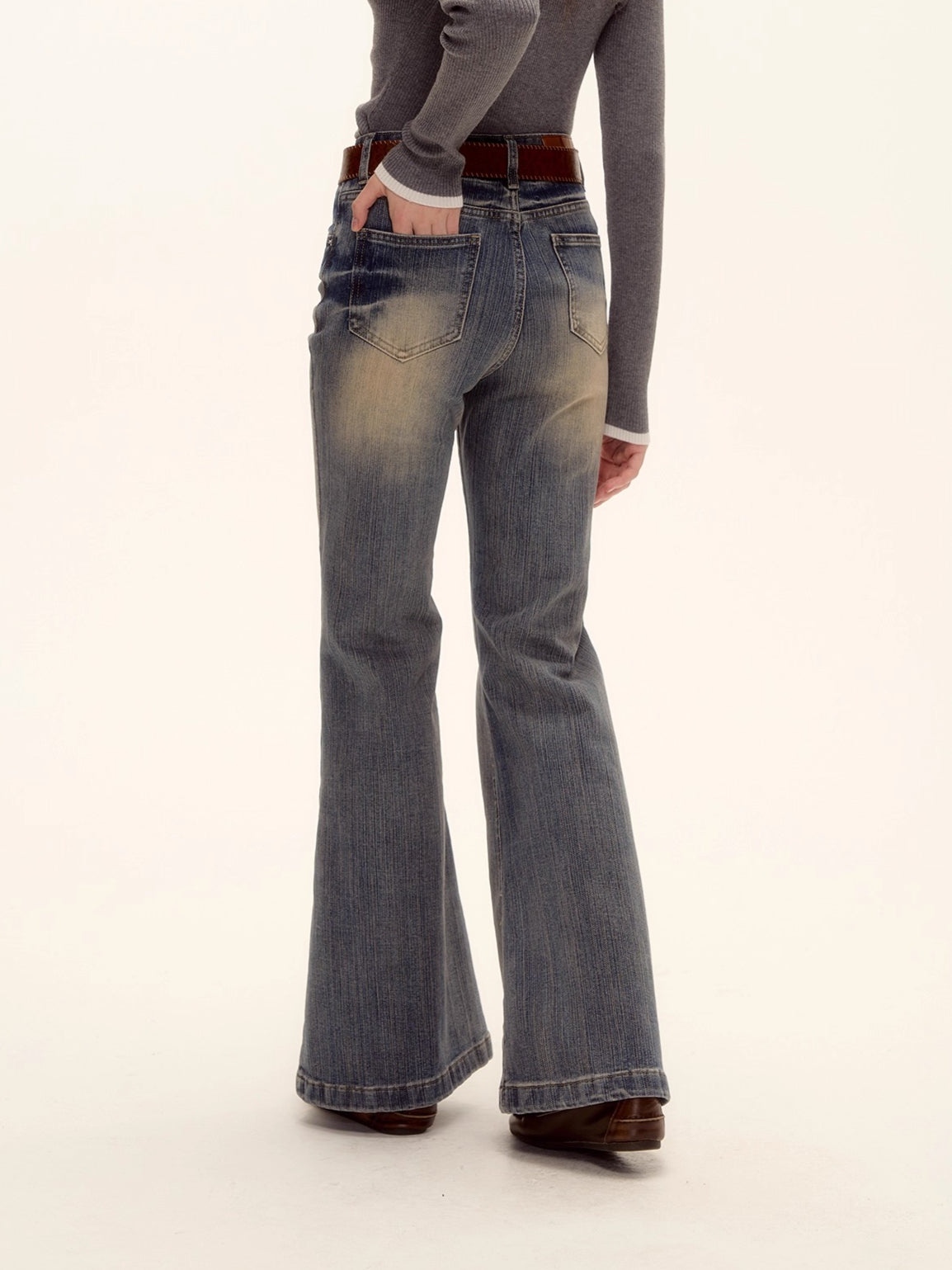 Textured Washed Flared Stretch Denim Pants