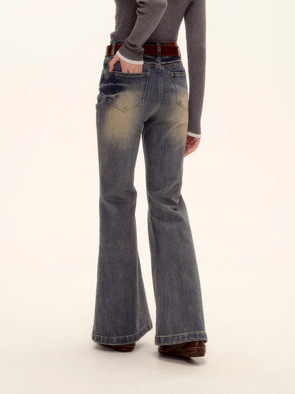 Textured Washed Flared Stretch Denim Pants