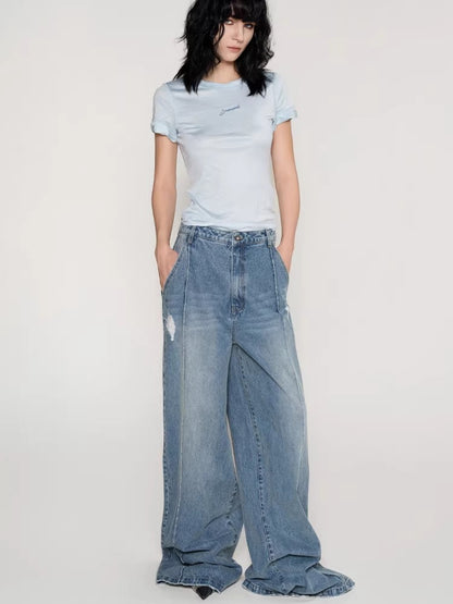 Laser Logo Seam Wide-Leg Denim Pants
