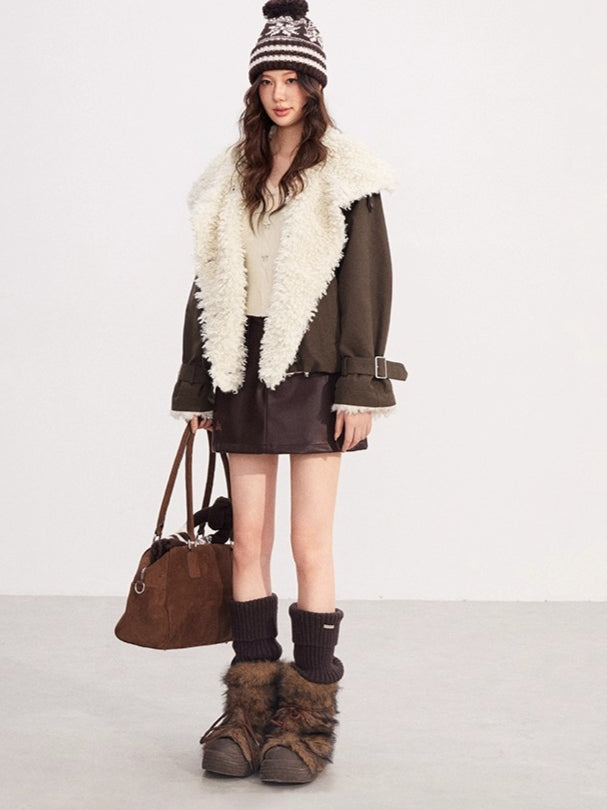 Faux-Shearling Panel Quilted Short Jacket