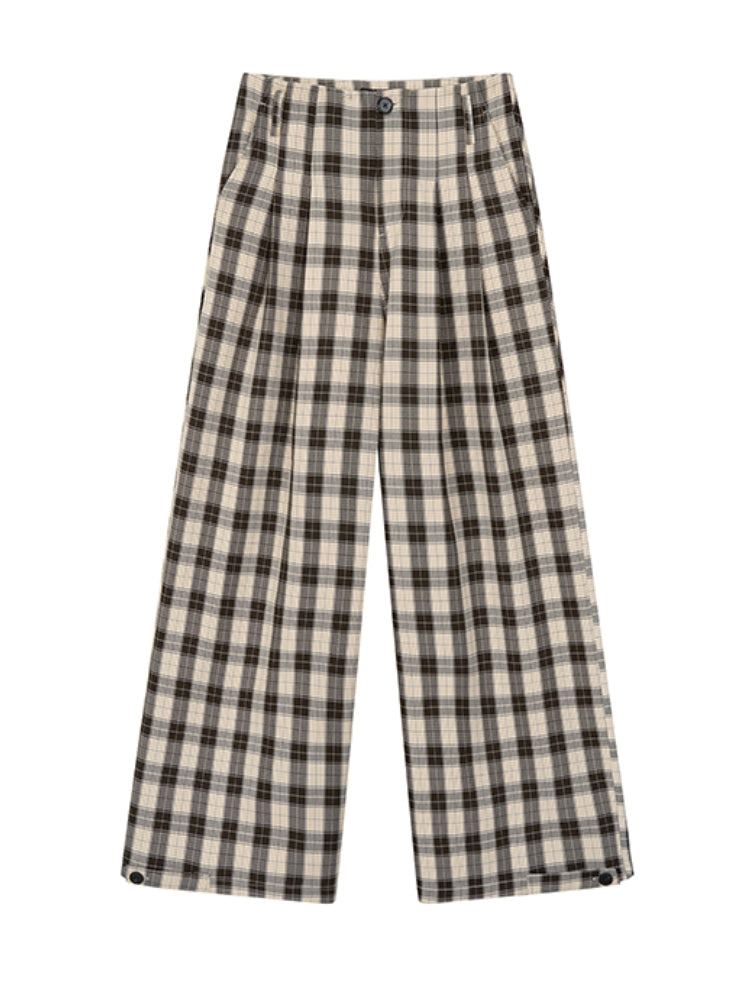 Wrinkle Straight-Leg Plaid Casual Pants