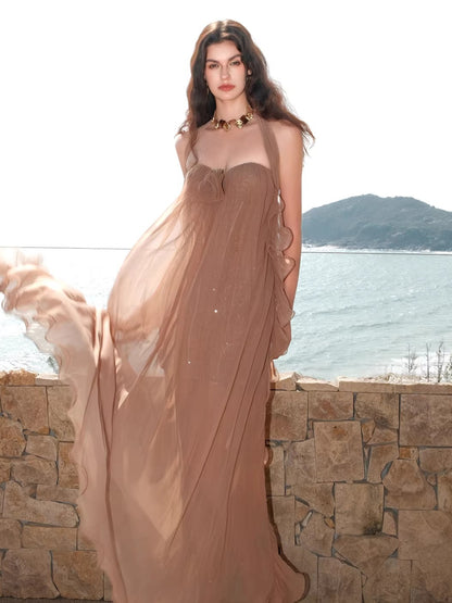 Mesh Halter Backless Strapless Maxi Dress