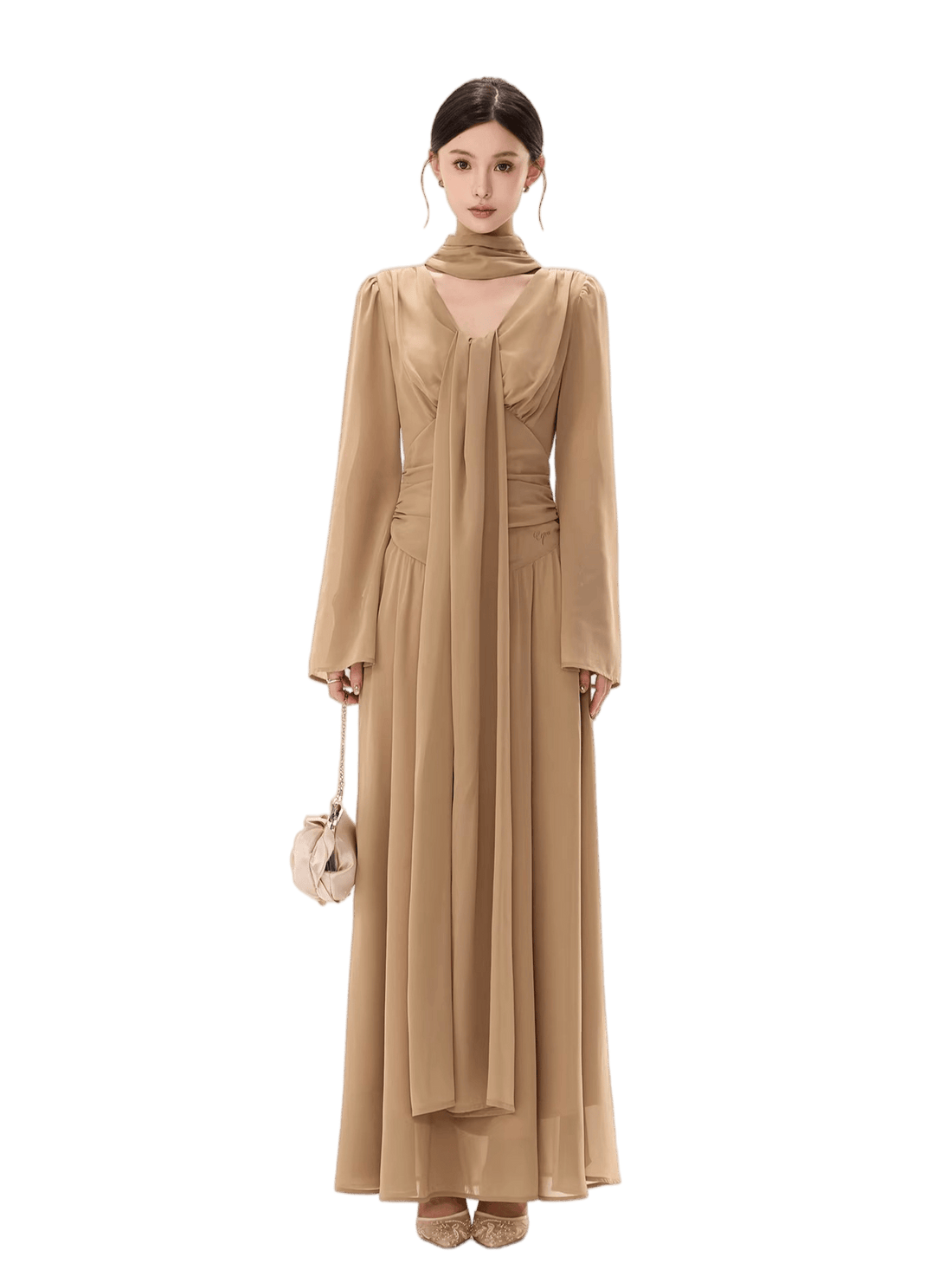 French Ribbon-Tie V-Neck Chiffon Maxi Dress