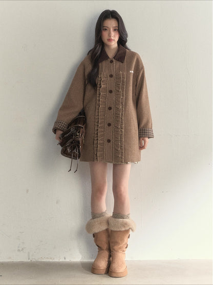 Vintage Khaki Wool Blend Ruffle-Trim Coat