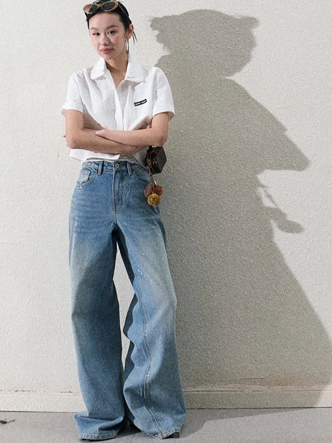 Cotton Silver-Splatter Wide-Leg Jeans