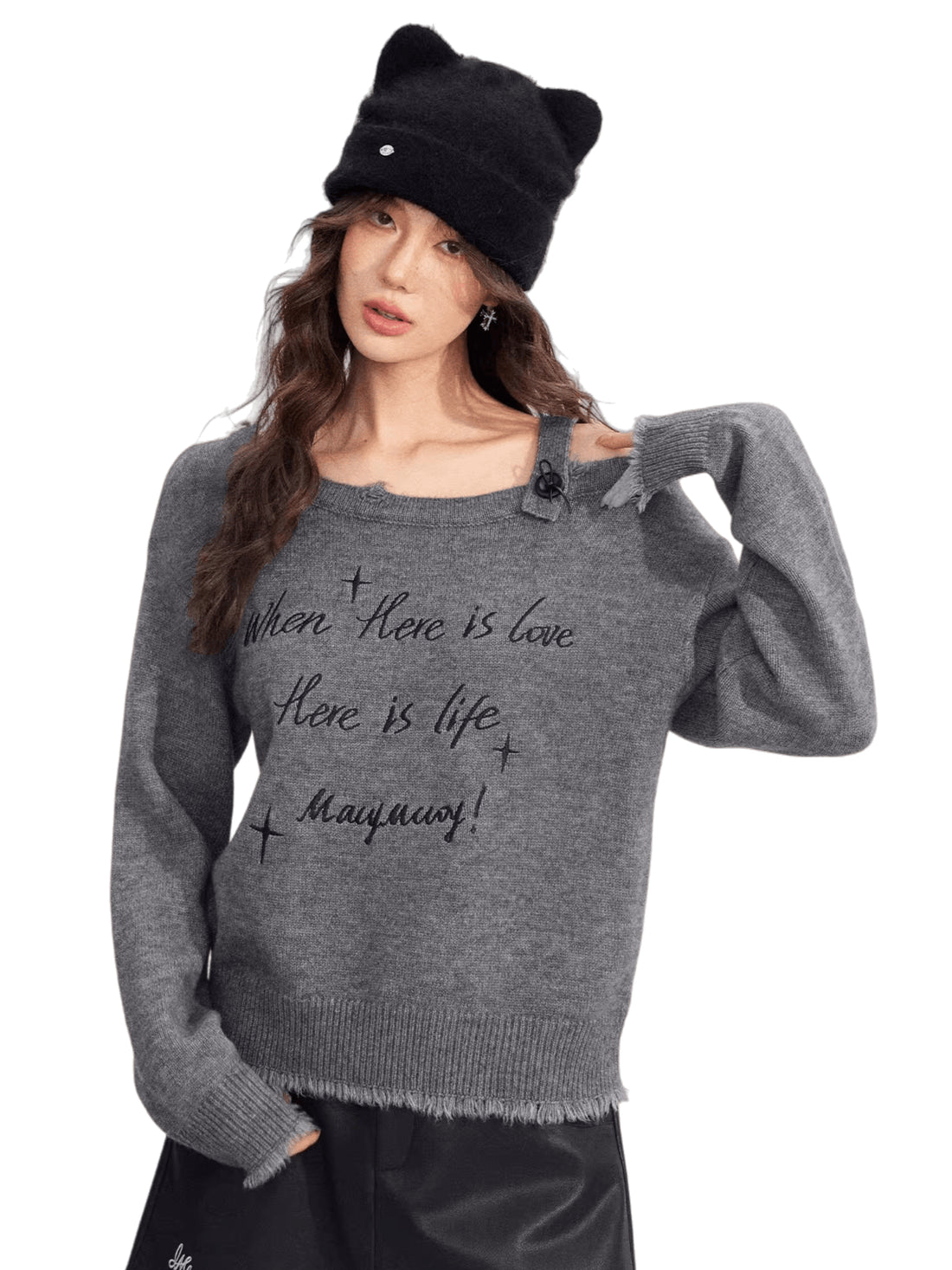 Deconstructed Off-Shoulder Embroidered Knit Sweater