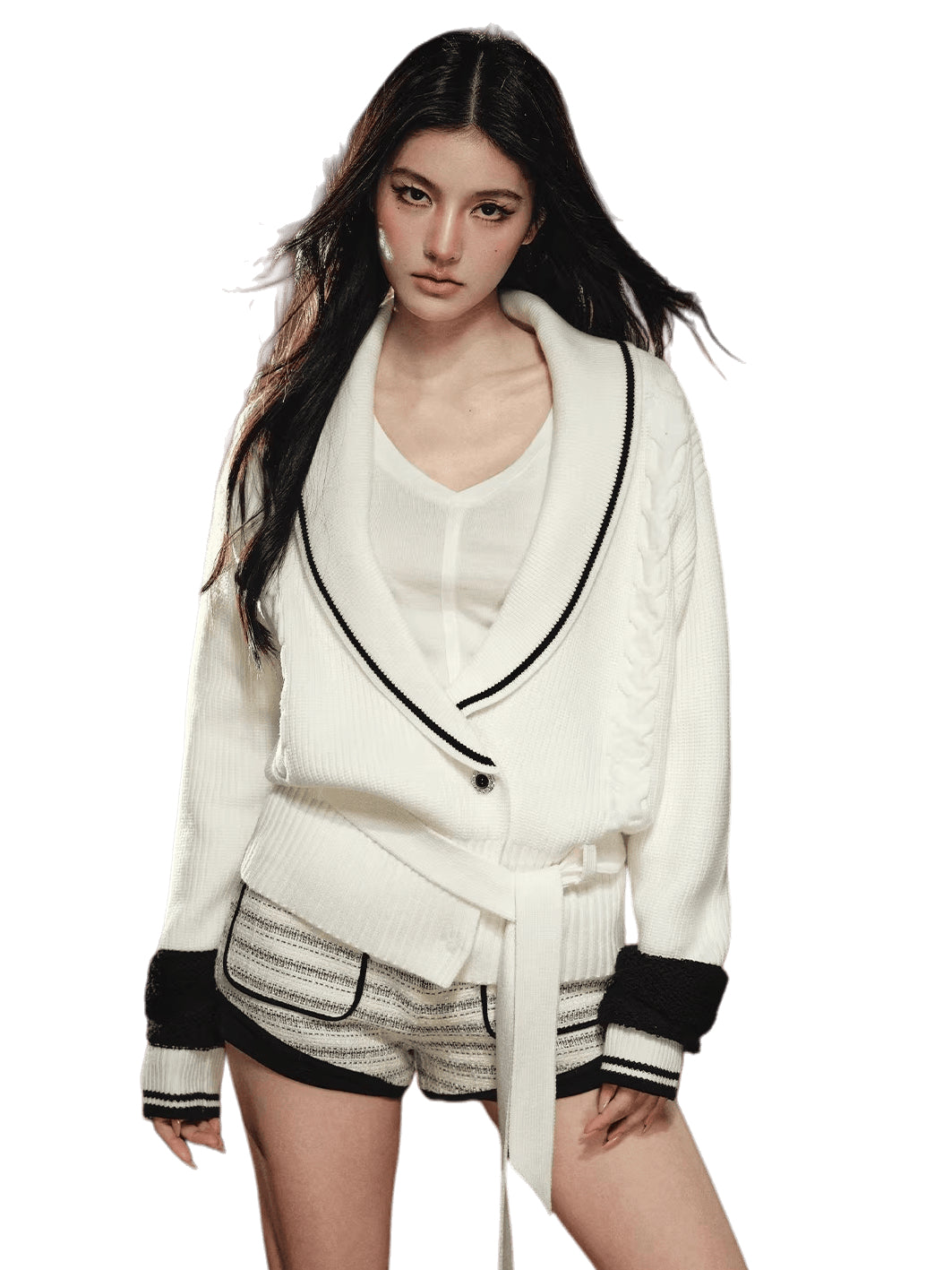 Oversized Contrast V-Neck Tie-Waist Knit Sweater