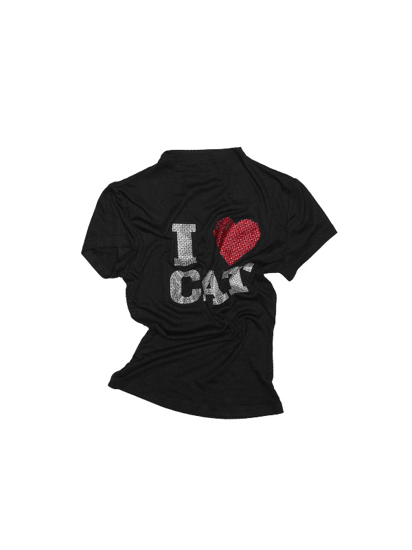 &quot;I ♥ CAT&quot; Rhinestone Fitted T-shirt