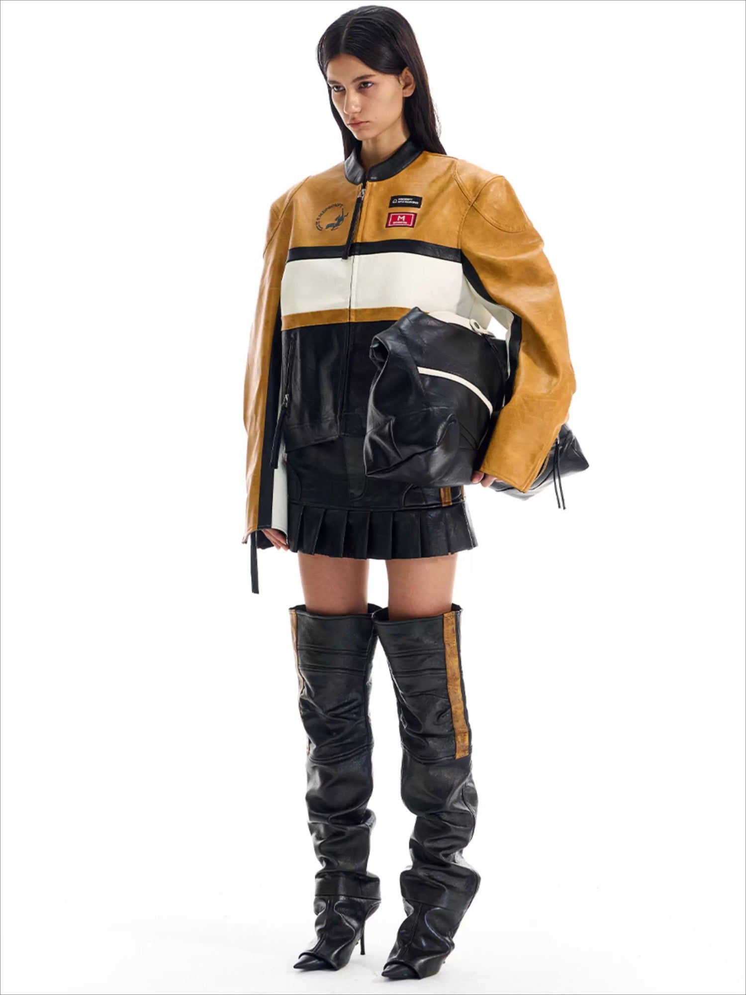 Color-Blocked Cropped Leather Sports Jacket