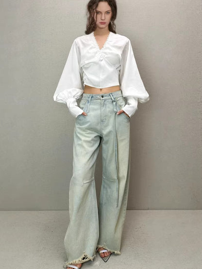 Washed Pleated Banana-Fit Denim Pants